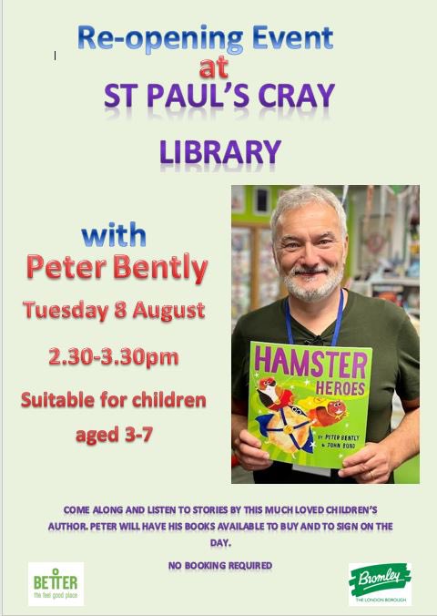 BromLibraries's tweet photo. Come & celebrate the reopening of #StPaulsCrayLibrary next Tues 8/8/23 at 2.30pm with @PeterBently! Peter will be sharing #HamsterHeroes illustrated by #JohnBond & then there will be some fun activities to take part in. No need to book just come along! @LBofBromley @Better_UK https://t.co/z4vSsmSZwg