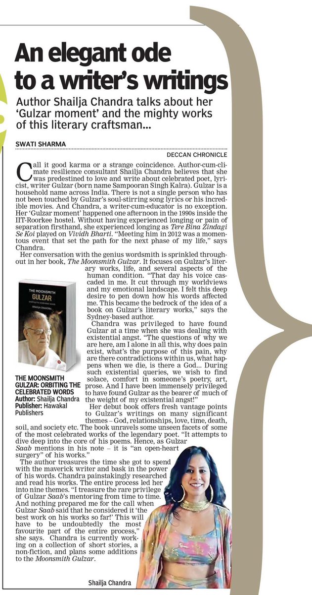 HawakalP's tweet photo. The Deccan Chronicle (Aug 2) features Shailja Chandra's The Moonsmith Gulzar. 

Congratulations, Dr. Chandra! 

#TheMoonsmithGulzar @DeccanChronicle @ShailjaChandra @SamitChandra https://t.co/AxCm9xWgVT