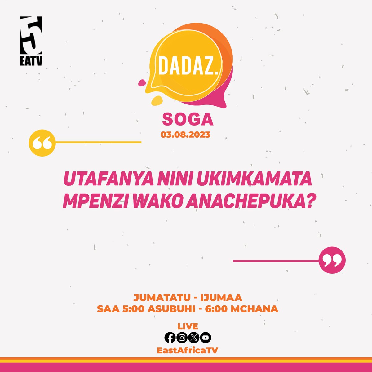 eastafricatv's tweet photo. #DADAZ Utafanya nini ukimkamata mpenzi wako anachepuka?
Dondosha comment yako na itasomwa LIVE kwenye show kuanzia saa 5:00 Asubuhi hii ting'ani #EastAfricaTV
Cc @bhokeegina @najma_paul #MissPower #Mapenzi #Mahusiano https://t.co/L28rG1EtOf