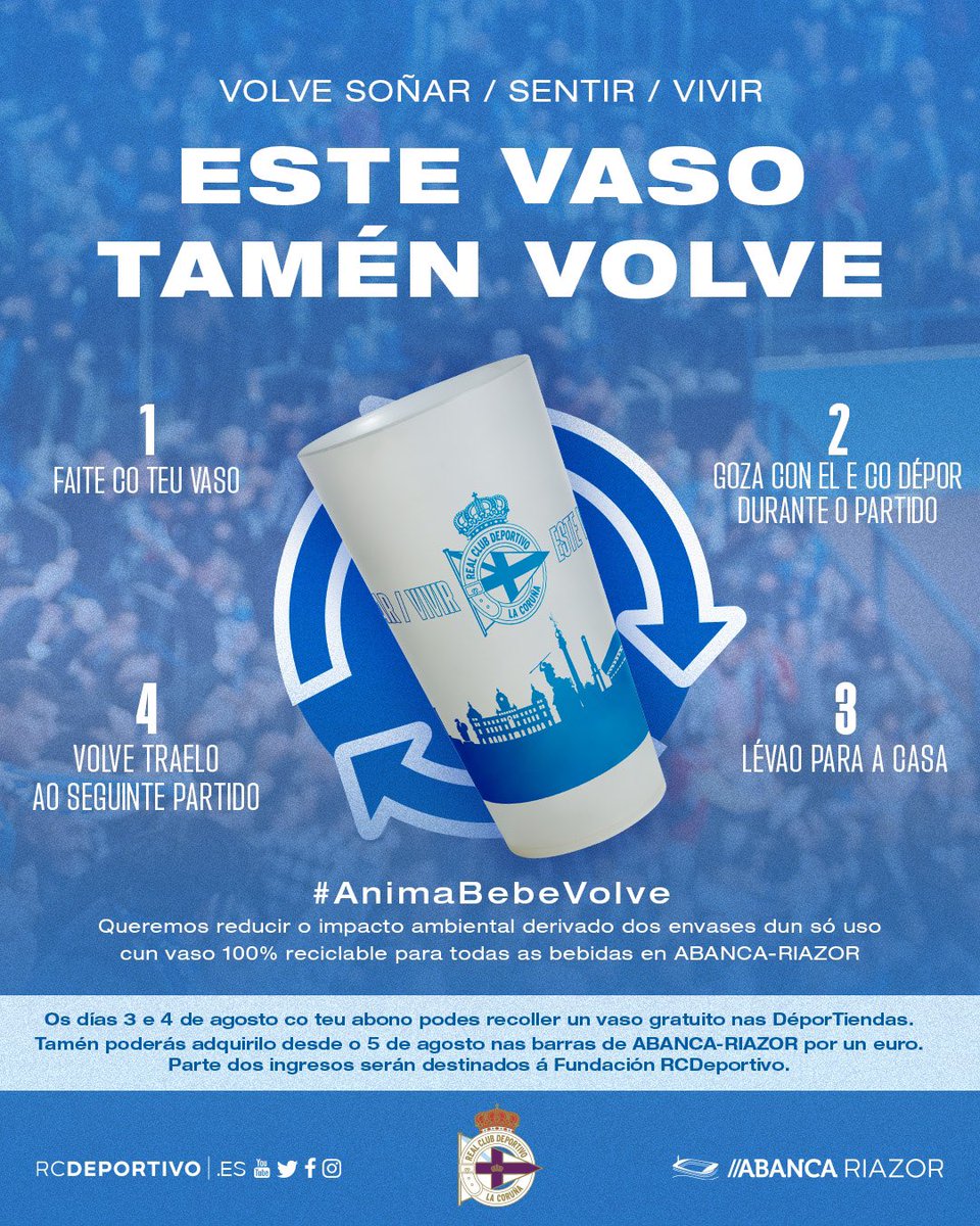 RCDeportivo's tweet photo. Este sábado no #TeresaHerrera en ABANCA-RIAZOR comezamos a eliminar todas as botellas e vasos de plástico dun só uso no estadio. Contamos contigo para conseguilo! 💪🏻
✅ A campaña #EsteVasoTaménVolve evitará o consumo de 200.000 vasos para reducir o impacto ambiental no estadio ABANCA-RIAZOR
✅ Durante dous días (este xoves 3 de agosto a partir das 10h e o venres 4) todas as personas abonadas do Dépor 23/24 poden conseguir o seu vaso de forma gratuita presentando o carné nas DéporTiendas.
✅ A partir do 5 de agosto, nas barras do estadio terás tamén á túa disposición o vaso deportivista retornable por un euro, e poderás utilizalo todas as veces que queiras.
Toda a info aquí 👉🏻 https://t.co/uwuUir8BwW 
#FUNDACIÓN #ANOSAFORZA #Dépor