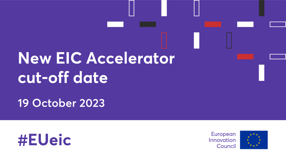 🚨 Attention #eicAccelerator applicants! 🚨

The #EUeic Accelerator cut-off date has been changed to 𝟏𝟗 𝐎𝐜𝐭𝐨𝐛𝐞𝐫 to allow applicants additional time to complete their full proposals.

More info here 👉 europa.eu/!YkPPqM