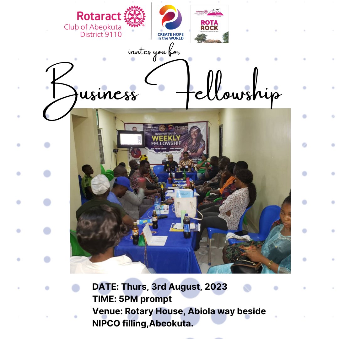 Rac_Abeokuta's tweet photo. *_With Friendship, loyalty and cheer,_* 
 *_I'll serve my brothers far and near_* 
🎼🎼🎼🎼🎼🎼🎼🎼
                                     *Rotaract Club of Abeokuta, District 9110.* 
 
Invites you for

First fellowship in the month of August - *BUSINESS FELLOWSHIP* https://t.co/s329x1aLhg