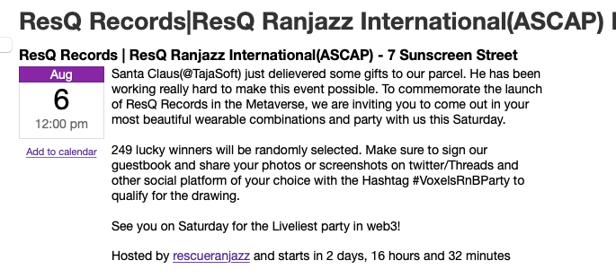cryptovoxels's tweet photo. ResQ Ranjazz starts in 2 days, 16 hours and 31 minutes...
https://t.co/izPecIqdnK https://t.co/xjGGspRMs2