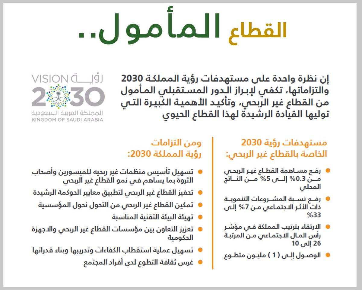 #القطاع_غير_الربحي 
أفق رحب وآمال معقودة 
مع #رؤية_2030 #رؤية_السعودية_2030 
هذه بعض ملامح متطلبات القطاع في الرؤية.