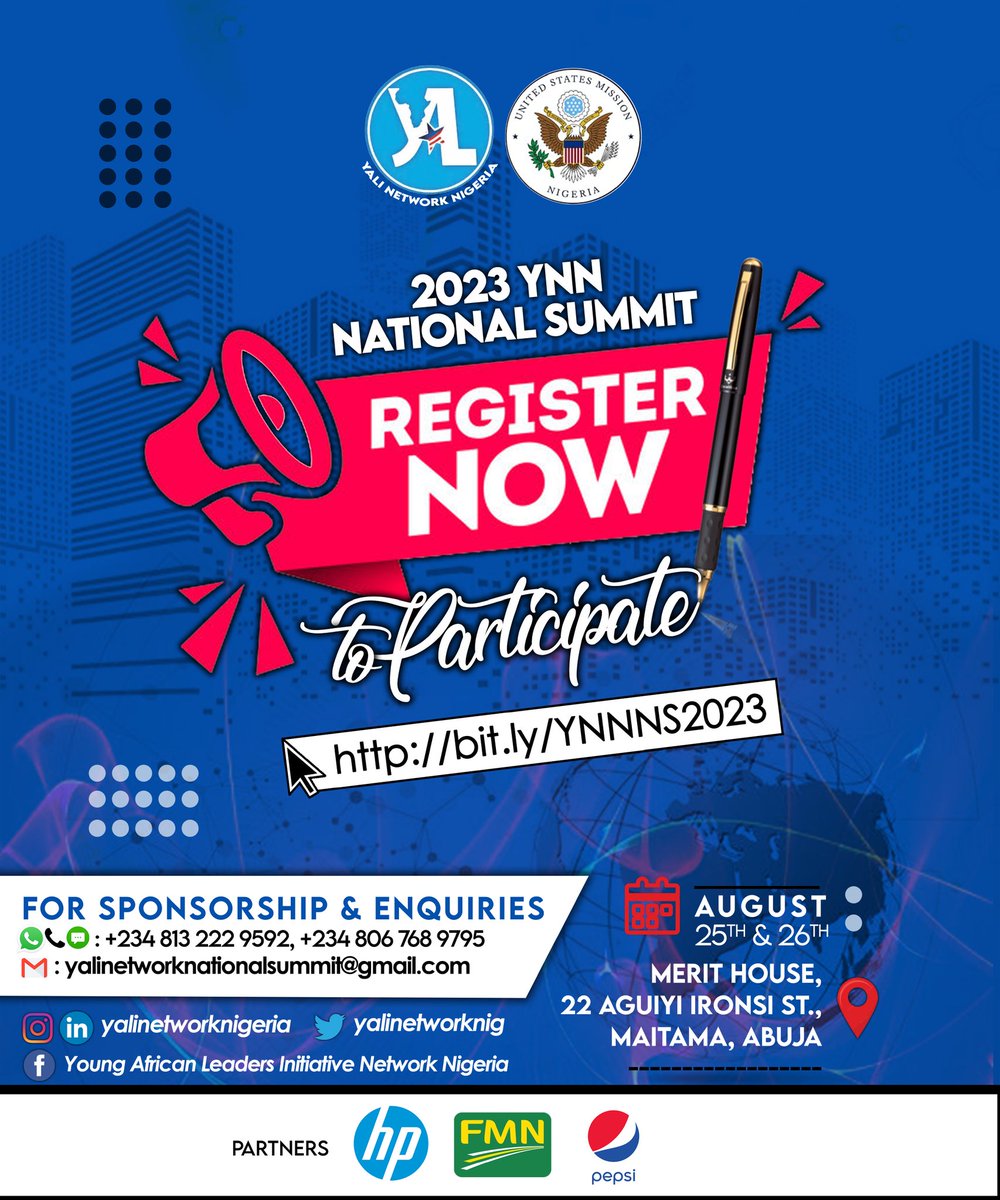 yalinetworknig's tweet photo. Join us for the 2023 YALI NIGERIA NATIONAL SUMMIT! 

Connect, learn, and inspire at this year's event. 
Register now: https://t.co/oJ9QbR14JL. 

Venue: Merit House, 22 Aguiyi Ironsi St. Maitama, Abuja.

For sponsorship &amp; inquiries, 
contact us at +234 813 222 9592, +2348067689795 https://t.co/GN0F1e2ilp