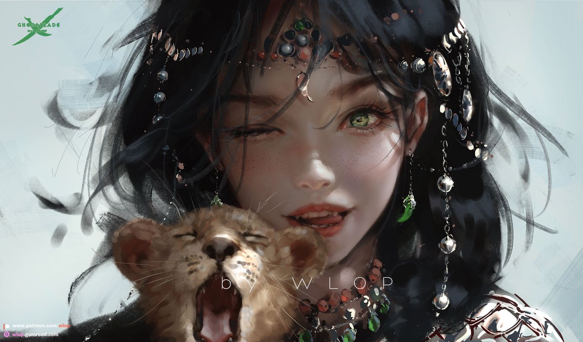 1girl black hair jewelry green eyes solo looking at viewer head chain  illustration images