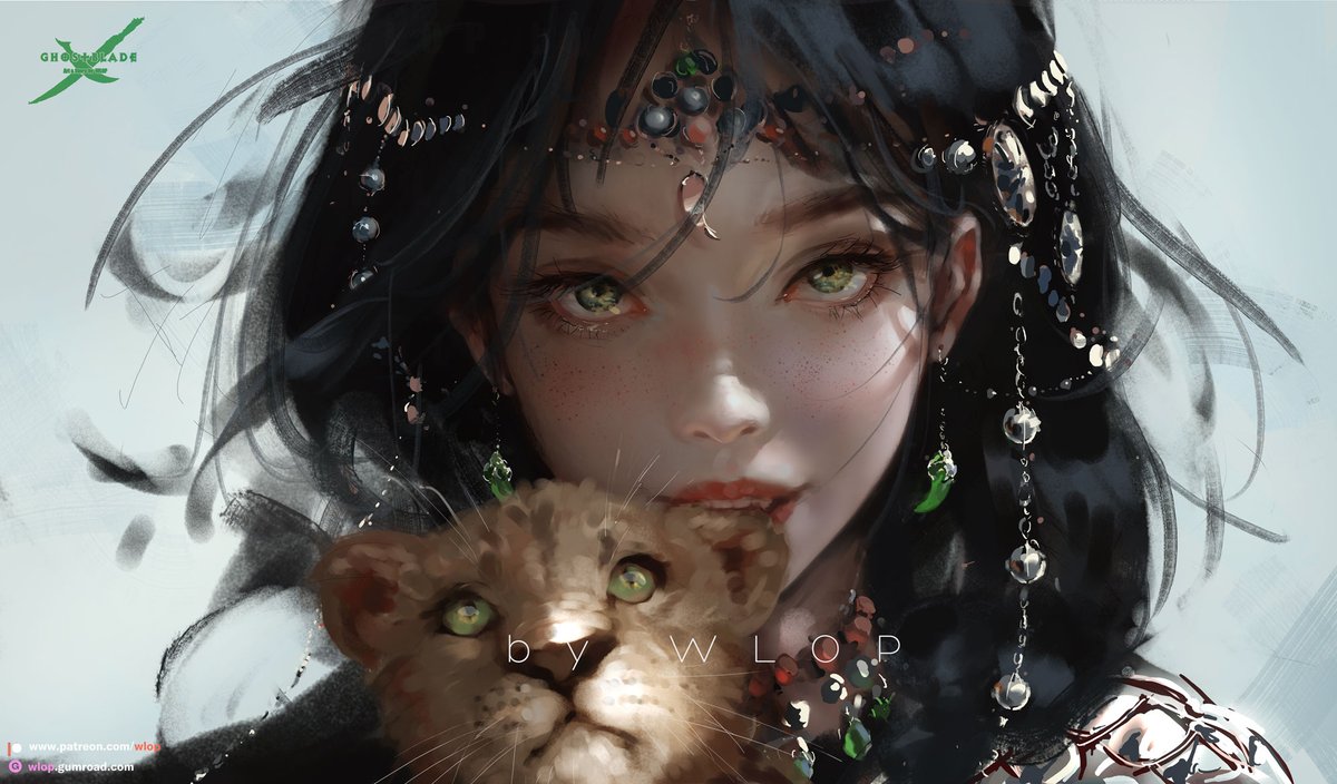 1girl black hair jewelry green eyes solo looking at viewer head chain  illustration images