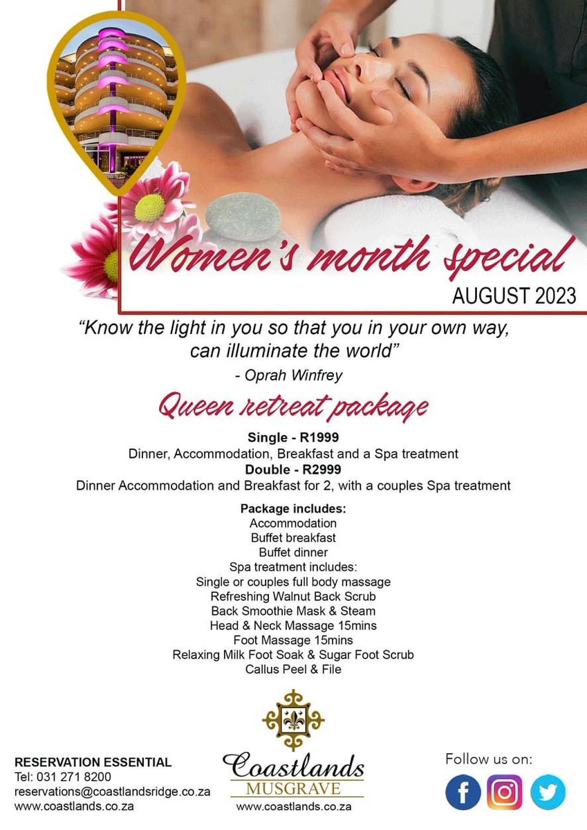 CoastlandsH's tweet photo. It is Women's Month and we are celebrating women during the month of August.

Pamper yourself and/or you and your spouse at this incredible Queen Retreat package. 

Package includes:
Accommodation
Buffet breakfast
Buffet dinner
Spa treatments

RESERVATION ESSENTIAL
031 271 8200 https://t.co/8cWBkCtwUo