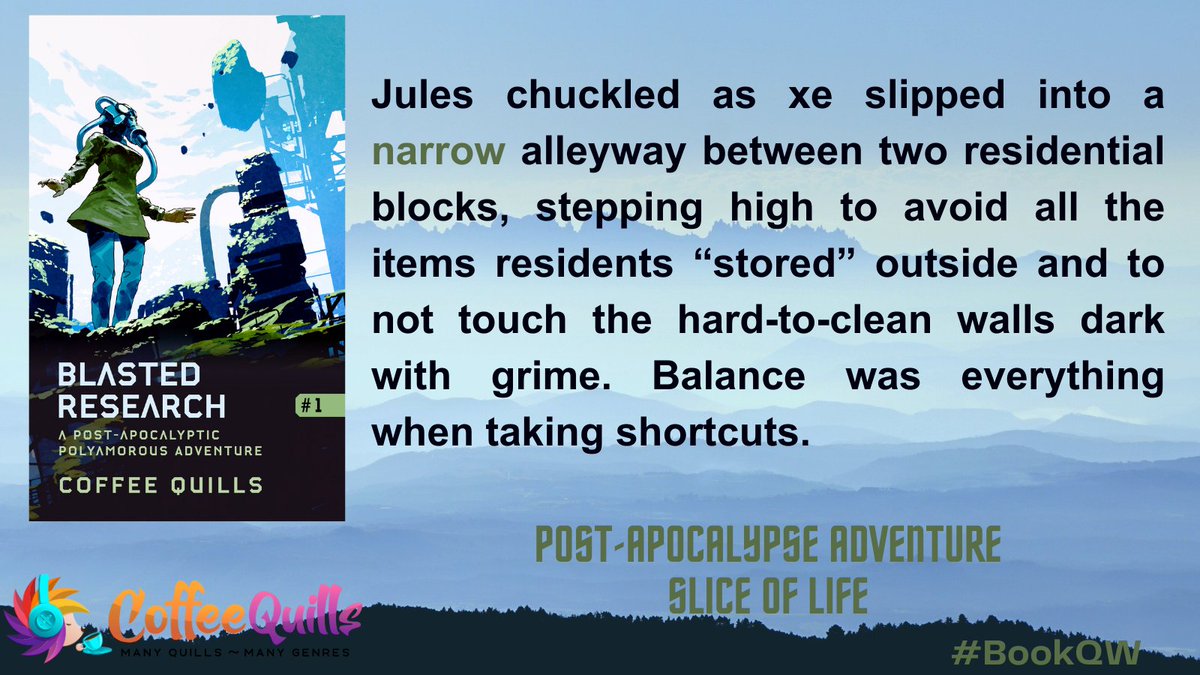 coffeequills's tweet photo. Wednesday is #bookqw and the word is "NARROW."
Snippet is from Blasted Research, a #postapocalyse #polyamorous adventure, well before Jules leaves Dome to meet Kirk & Li.
Found wherever ebooks are sold! https://t.co/X2xIKACZ4O https://t.co/1bUOD4H1MQ