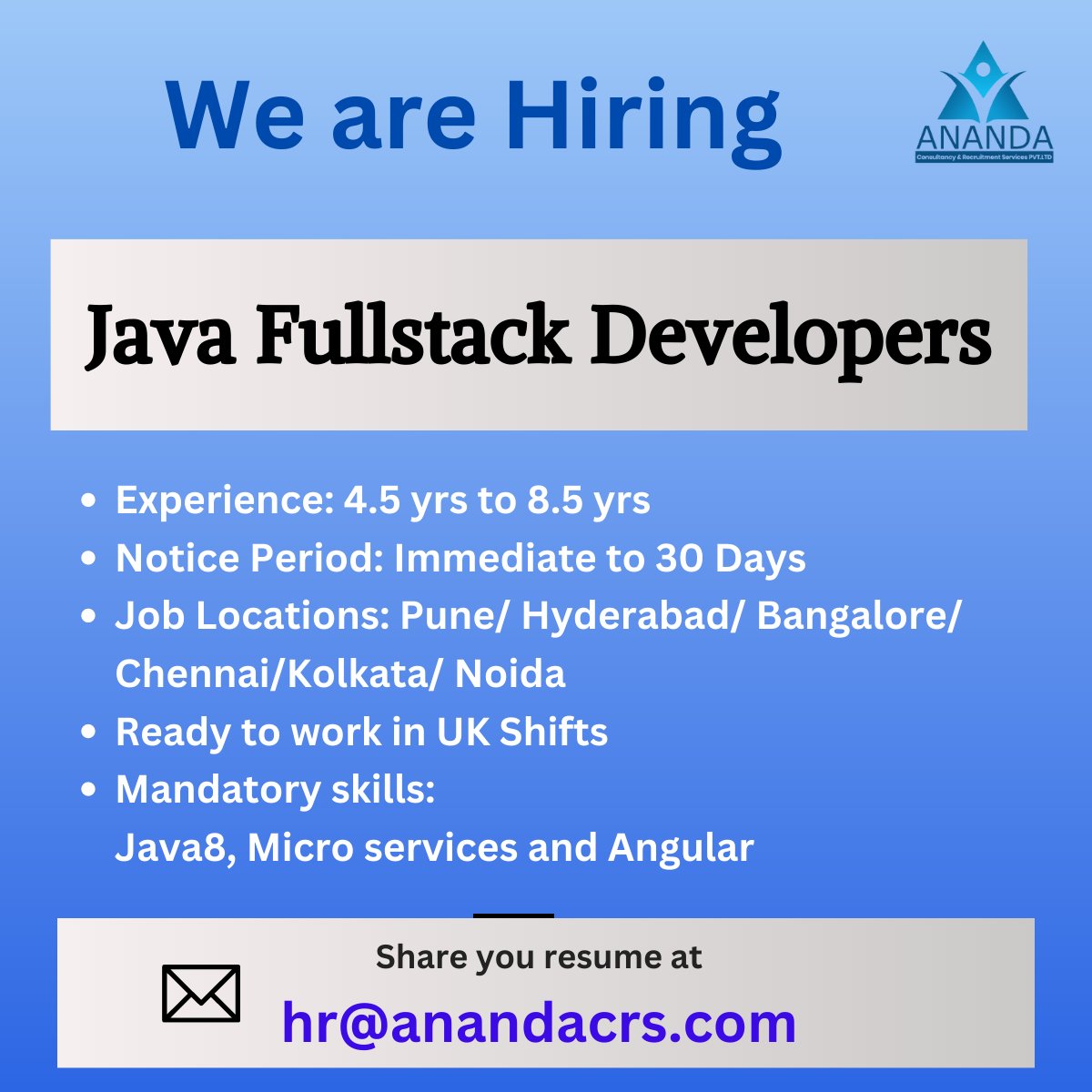 We are Hiring!

#javafullstackdeveloper #javajobs #javafullstack #experience #hiring #punejobs #hyderabadjobs #kolkatajobs #Noida #Chennai #bangalorejobs #itjobs #softwarejobs #software #softwaredevelopment #immediatejoiner #ukshift #Java8 #microservices #angularjobs