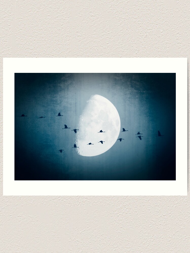 Featured #design of the day: 'The Moon Sees Cranes Leave 1' Available as #homedecor #wallart #clothing #stationery #mugs #tshirts #bags & more on @Redbubble - check them out here: 🌔redbubble.com/shop/ap/134735… #BuyIntoArt #Moon #art #noai #birds