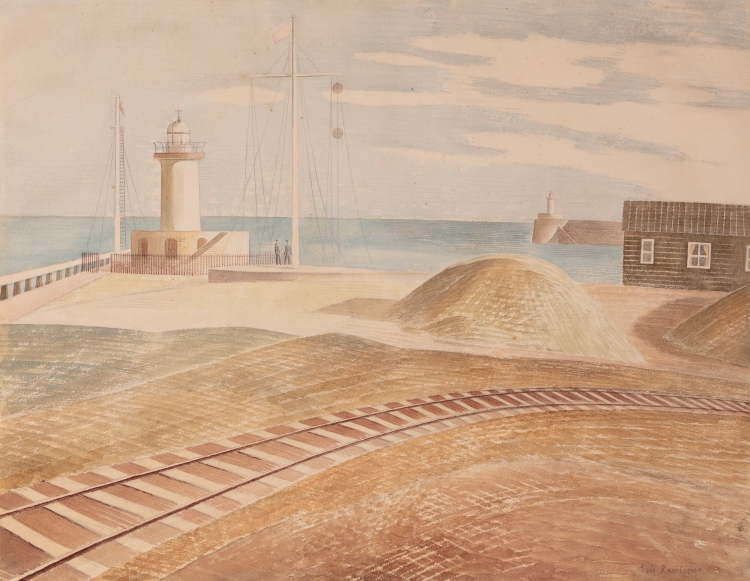 Newhaven Harbour, painted by Eric Ravilious in Newhaven in 1936. Note the two lighthouses. Part of a MASSIVE Ravilious-related project shortly to be unveiled in the port town. All will be revealed next week @nicolajeffs <a href="/ArtNewhaven/">Newhaven Art Projects</a> #ravilious