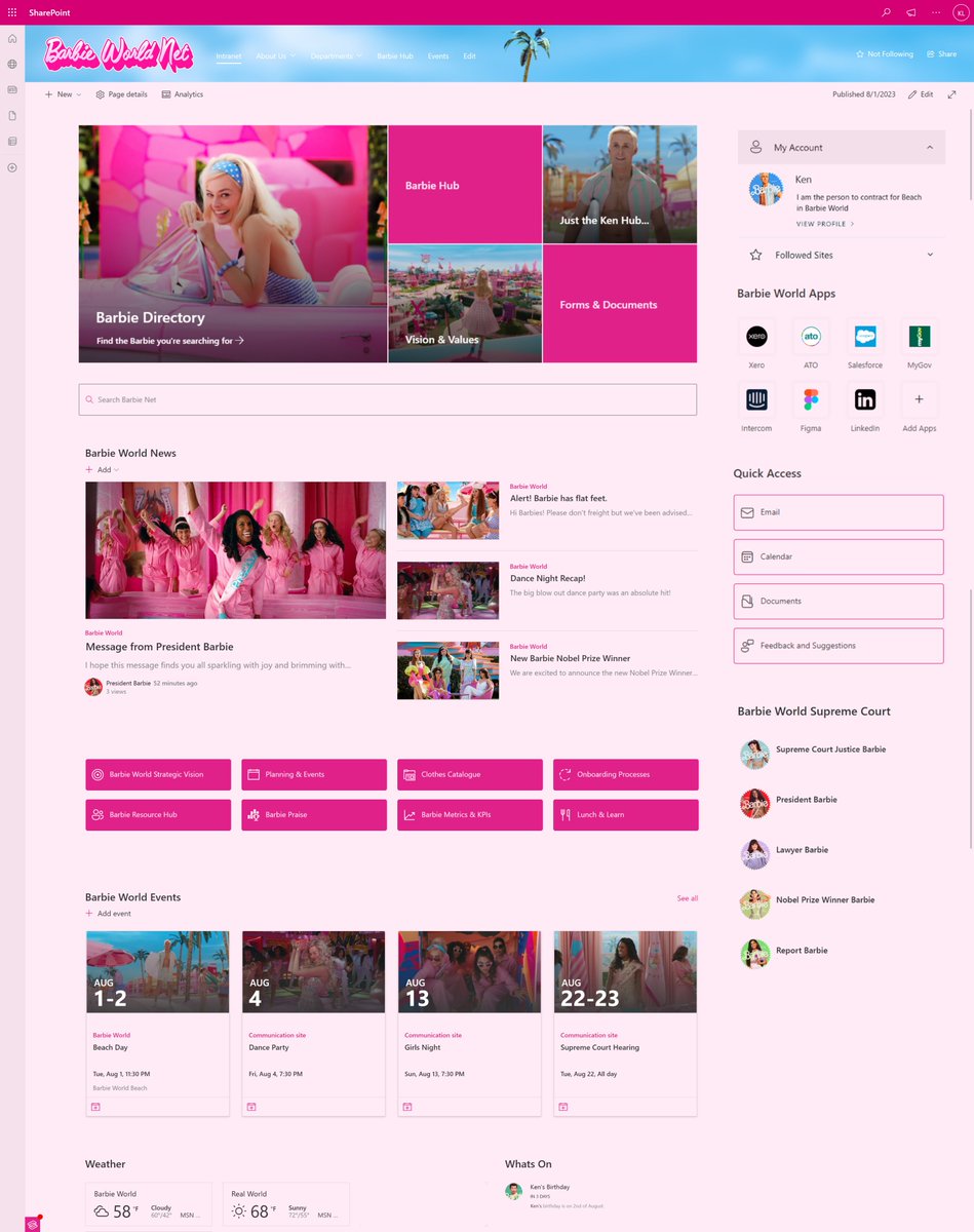 sopewebtech's tweet photo. The magic of digital workplace transformation - even in the Barbie World! ✨

Join Ken on his journey as he starts his day, logging into Barbie World's intelligent intranet. We hope that Barbie and Ken are working better together!

#sharepoint #barbiemovie @Microsoft @SharePoint https://t.co/fdtjcrIe0v