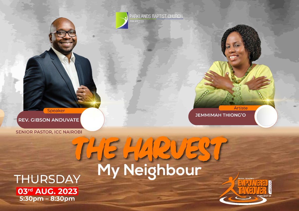 ParkieBaptist's tweet photo. It's another beautiful day. We are looking foward to having you this evening as our guest speaker Rev. Gibson Anduvate  and our guest artiste Jemimah Thiong'o empower and propel us in the word of God.
Follow us on our social media platforms for more updates.
Empowered Takeover
#Occupy
#TYOTLEWC
#parkiebaptist
#PropelledPassion
#EmpoweredCalling
#RevivalSeason9
#TheYearofTheLordsEmpoweredWorldChangers