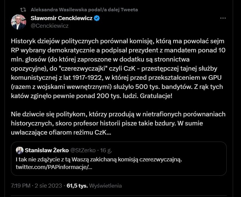 Cenckiewicz, który z naukowca przerobił się na komisarza politycznego partii rządzącej zdenerwował się na prof. Żerkę za porównanie Komisji ds rosyjskich wpływów do "czerezwyczjki"😂😂