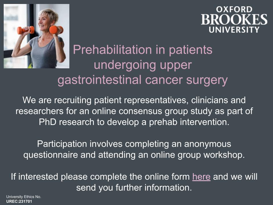 Calling any patients or clinicians interested in developing prehabilitation services for people needing oesophageal, pancreatic, liver or gastric surgery.  
Complete the form to find out more: forms.gle/r4mb19CHrjWAve…
#prehab #CancerResearch  #exerciseoncology