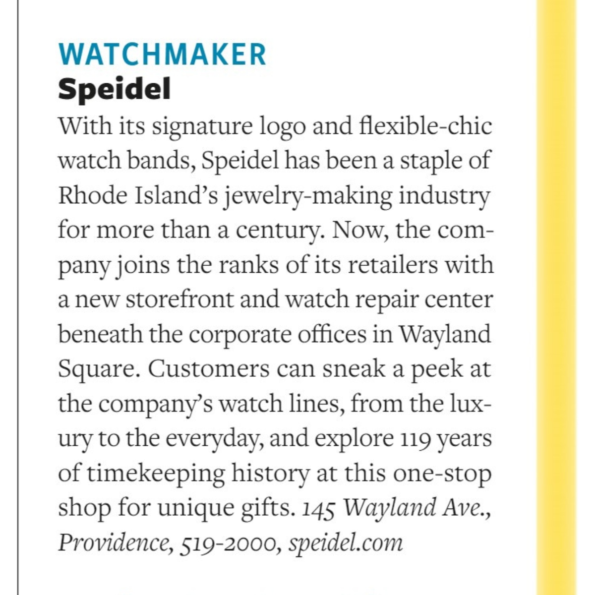 What an honor! A huge thank you to @RIMonthly for featuring Speidel as RI's best watchmaker in their Best of RI winners in their 30th Annual Best of RI! #Speidel 1904 #BestofRI #Winner #Grateful Copyright permission granted by Rhode Island Monthly Communications 2023