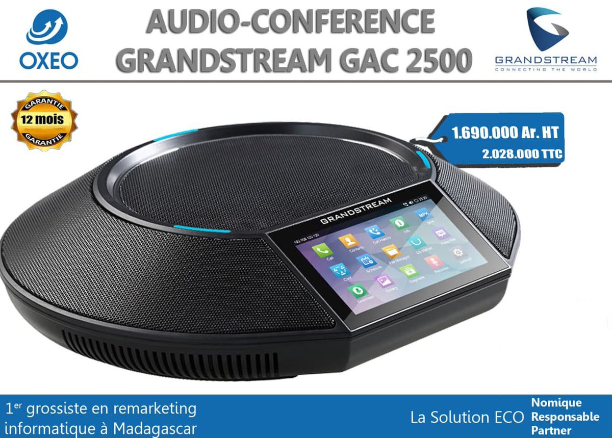 oxeo_mada's tweet photo. #Professionnel, #société ou #entreprise à #MADA,  misez sur cette #AUDIOCONFERENCE #GRANDSTREAM GAC 2500 d' #oxeoinformatiquemada pour bien réussir votre réunion de travail

▶️Réunions 7 personnes  
▶️WIFI et Bluetooth  
▶️Android 
▶️Son HD  
▶️6 Lignes SIP 
▶️Ecran Tactile 4,3" https://t.co/kyA8U2QaV1