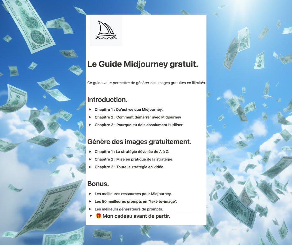the.valere (@the_valere) on Twitter photo Une faille dans MidJourney me permet d’avoir des images gratuites en illimités
90% des gens ne connaissent pas cette faille
J'ai donc créé “Le Guide Midjourney gratuit”
Pour l'obtenir:
- RT ce tweet
- Commente "illimité"
- Follow <a href="/the_valere/">the.valere</a> Une faille dans MidJourney me permet d’avoir des images gratuites en illimités
90% des gens ne connaissent pas cette faille
J'ai donc créé “Le Guide Midjourney gratuit”
Pour l'obtenir:
- RT ce tweet
- Commente "illimité"
- Follow <a href="/the_valere/">the.valere</a>