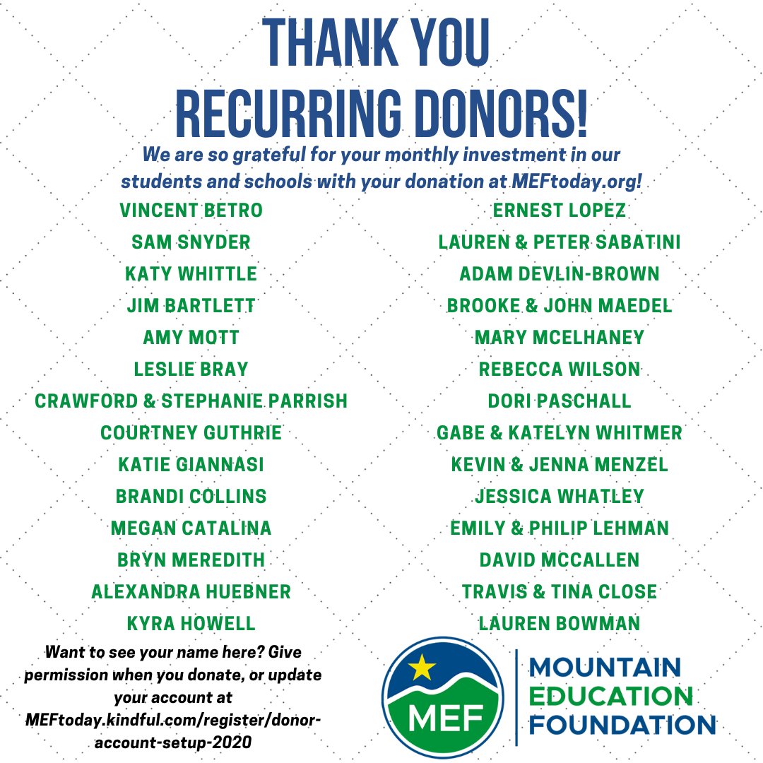MtnEdFoundation's tweet photo. #SignalTHANKS to these MONTHLY RECURRING donors for investing in our children with your donation at https://t.co/hAQ9Jdk7wG! With your consistent support, #SignalDREAMS! We so appreciate ALL of our donors!! https://t.co/iNbj9PTte3