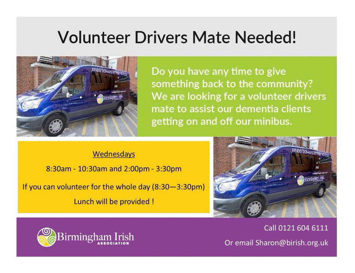 Our Maryvale Dementia Centre need your help !!! We are looking for a volunteer driver's mate on Wednesday's ... This role will be helping our service users on and off the minibus ... Any help is appreciated ... Please share far & wide✨💚

#brumvolunteers @BhamCityCouncil