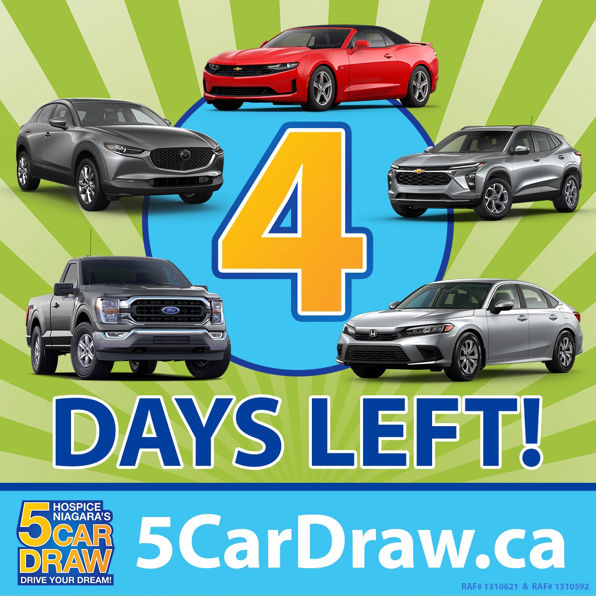 HospiceNiagara's tweet photo. We’re 4 DAYS AWAY from giving away 5 BRAND NEW CARS!
Ticket prices are still 1 for $25, 5 for $100…and the best deal 10 for $175.
Visit https://t.co/KITyjr1qRG to purchase tickets today!
#5CarDraw #Cars #WinACar #5050 https://t.co/Zuu5xDRP6O