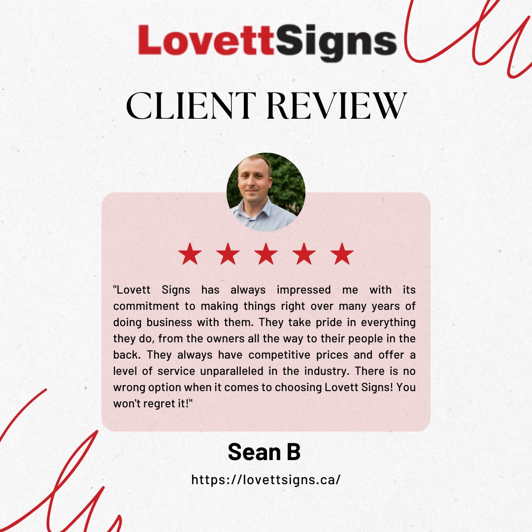 Expressing gratitude to a valued customer:
A heartfelt thank you to Sean B for the glowing review! Your support means the world to us at Lovett Signs. Your satisfaction is our top priority, and we're honoured that our signage solutions exceeded your expectations.