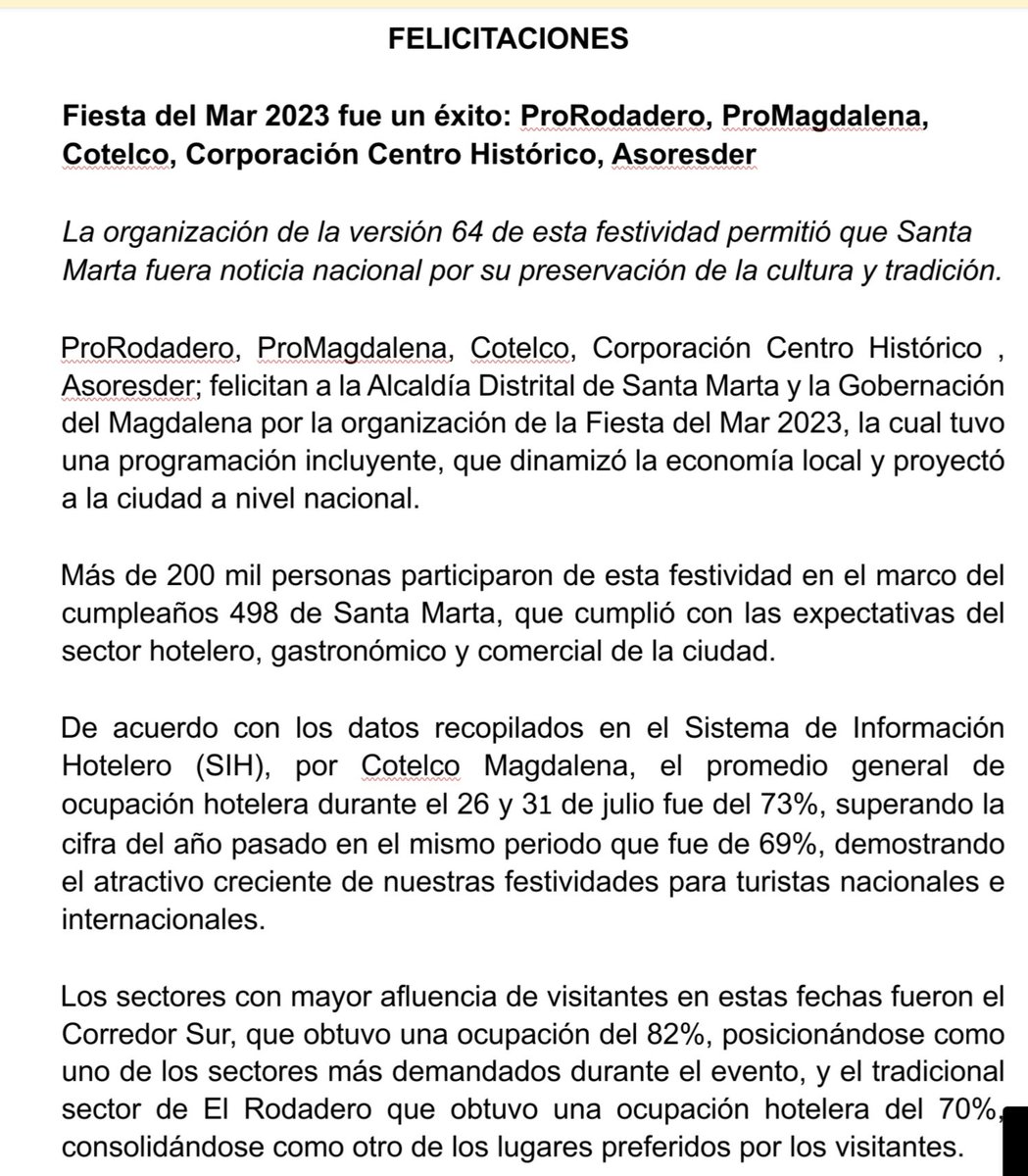 ProRodadero's tweet image. Santa Marta y las Fiestas del Mar
#Felicitaciones  @VirnaJohnson @carlosecaicedo @SantaMartaDTCH
@MagdalenaGober 
El beneficio a la ciudad es enorme!!
@HotelesenSmr @CentroHSM @Promagdalena1
