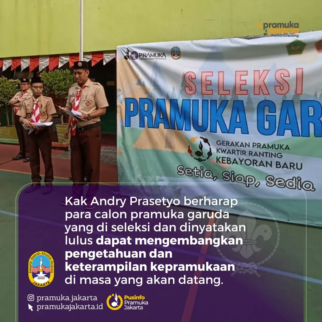 Sabtu, 29 Juli 2023 Gerakan Pramuka Kwartir Ranting Kebayoran Baru, Kwartir Cabang Jakarta Selatan menyelenggarakan Seleksi Pramuka Garuda untuk golongan Siaga, Penggalang dan Penegak untuk adik-adik Pramuka di wilayah Kebayoran Baru.

#pramukagaruda #kebayoranbaru #2023
