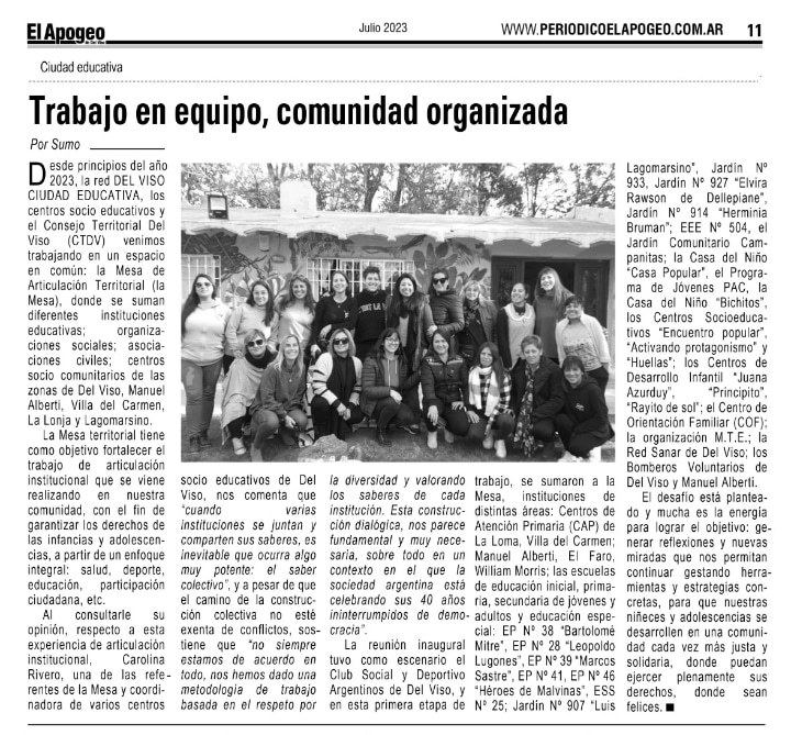 PacEducativo's tweet photo. Les dejamos la nota sobre el PROYECTO "MESA DE TRABAJO TERRITORIALES". Diversas instituciones se unieron en M. Alberti, Villa del Carmen, Lagonarsino y La Loma para fortalecer el apoyo a niño@s, jóvenes y su familias. @elapogeodiario @MBdelviso https://t.co/tpSAeDnVHV