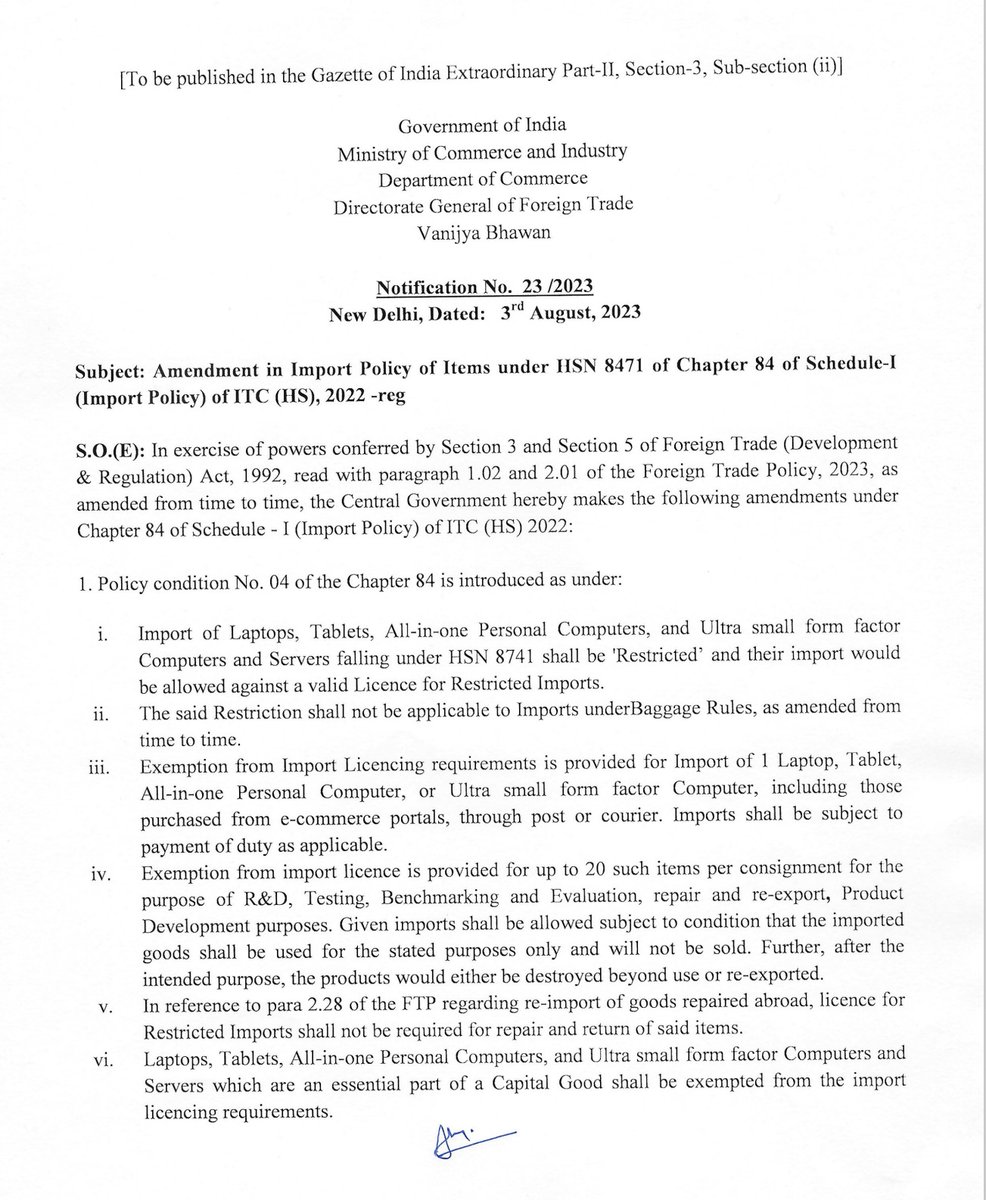 rekha_atri's tweet photo. Import of Laptops, Tablets, All-in-one Personal Computers, and Ultra small form factor Computers and Servers falling under HSN 8741 shall be ‘Restricted’ with immediate effect. https://t.co/Qszktc47uG