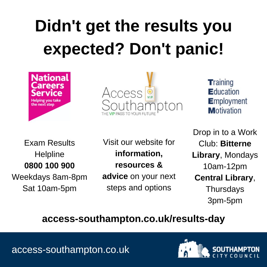 Employment Support Team (@sotoncareers) on Twitter photo Didn’t get the exam results you expected? Advice and support is available if you need it.
You can call the <a href="/NationalCareers/">National Careers</a> helpline on 0800 100 900, or visit our dedicated webpage for links to useful resources and information: access-southampton.co.uk/results-day/
#ALevelResultsDay Didn’t get the exam results you expected? Advice and support is available if you need it.
You can call the <a href="/NationalCareers/">National Careers</a> helpline on 0800 100 900, or visit our dedicated webpage for links to useful resources and information: access-southampton.co.uk/results-day/
#ALevelResultsDay