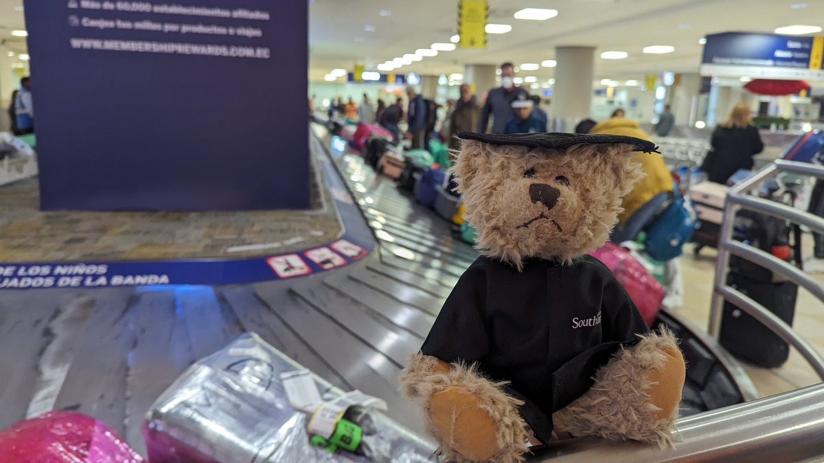 EvoPalaeoLab's tweet photo. We are in Quito.  We left a rainy London, landed in a balmy Madrid, have just claimed baggage in Quito! 
@unisouthampton @sotonbiosci #MResEvolution #Galapagos23 is rolling on... @UoSMedia 's correspondent Hartley Bear is loving it. https://t.co/k7U0waJnAd