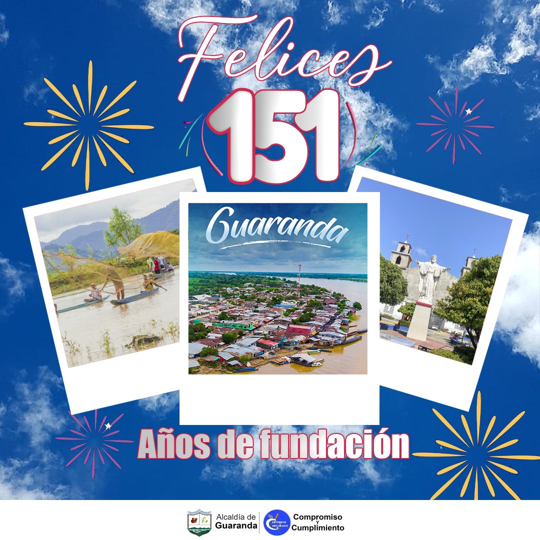 guaranda_suc's tweet photo. ¡FELICES 151 AÑOS DE FUNDACIÓN GUARANDA! 🎊🎈

En este aniversario glorioso, la administración municipal  en cabeza del alcalde Robiro Diaz Tovar se une a los corazones de tus hijos e hijas, celebrando tu historia, resiliencia y riqueza cultural. 

#151AñosdeFundación #Guaranda https://t.co/ZllKJdnLiE