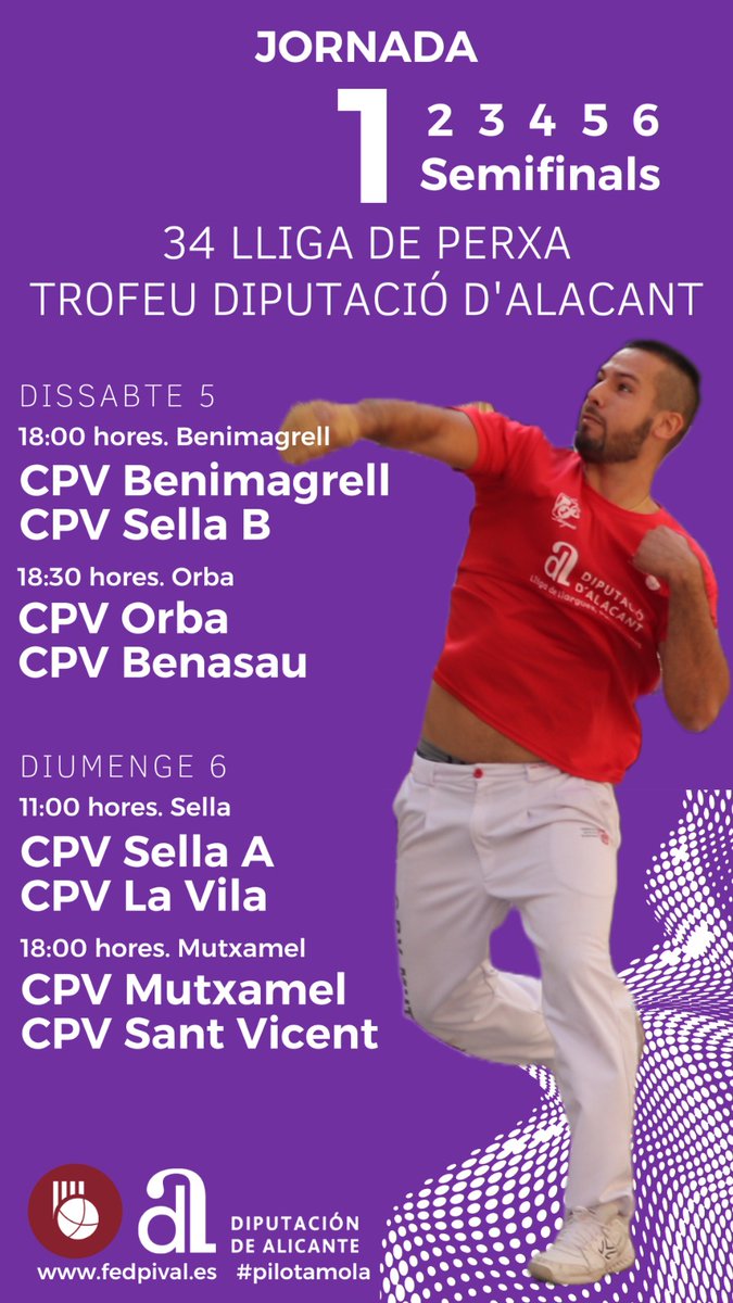fedpival's tweet photo. PERXA 🟣 Aquest cap de setmana arranca la 34 Lliga Trofeu @dipuAlicante.
28 equips de 17 clubs participaran a les tres categories del campionat.
👉 https://t.co/h3uM1R4ChJ
#moulapilota
#perxa
#ratlles https://t.co/LhZDBigQfw