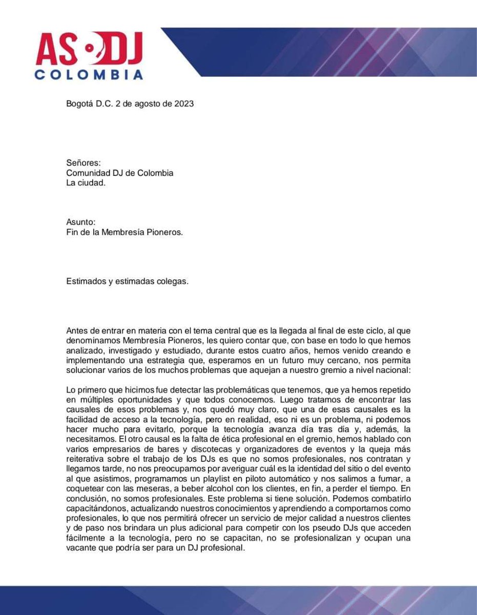AsoDJCol's tweet photo. Comunicado Oficial: Fin de la Membresía Pioneros. https://t.co/zMsyyB2ZAy