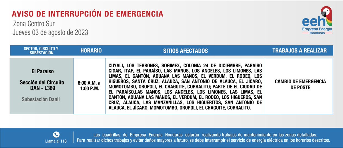 EnergiaHonduras's tweet photo. #EEHTeInforma Compartimos avisos de interrupción del servicio de energía de EMERGENCIA para hoy, jueves 03 de agosto de 2023. Recuerda tomar las medidas de precaución necesarias. https://t.co/qQL8ggVffa