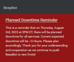 KickStreamTeam's tweet image. Friendly reminder that @Synerate_ has BeepBot scheduled for a planned downtime today starting at 3PM ET, so no need to panic and please plan accordingly!

Join the official BeepBot discord for current news, great support and the best Kick chat bot: discord.gg/BeepBot