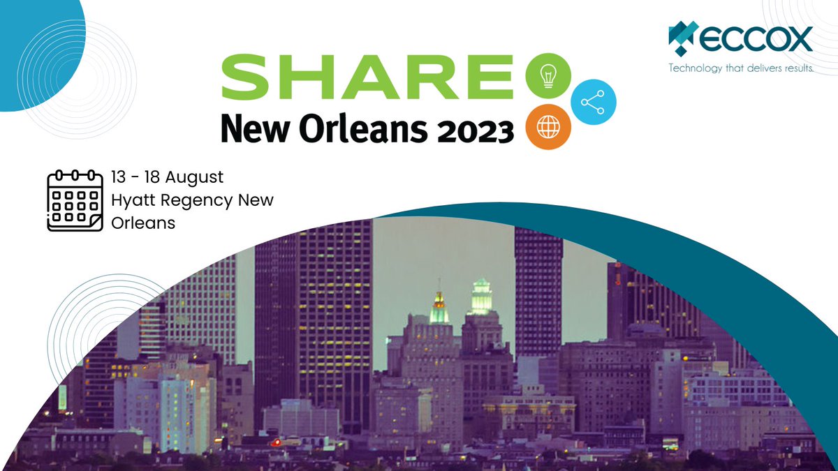 EccoxTechnology's tweet photo. We are thrilled to announce our participation in SHARE New Orleans!
Keep yourself up-to-date with the latest enterprise IT news and emerging technologies by attending #SHARE New Orleans. Take a look at the schedule https://t.co/kdSaS3oTSp
#Eccox #DevOps #Mainframe #IT #APT https://t.co/h6MZ058Vjy