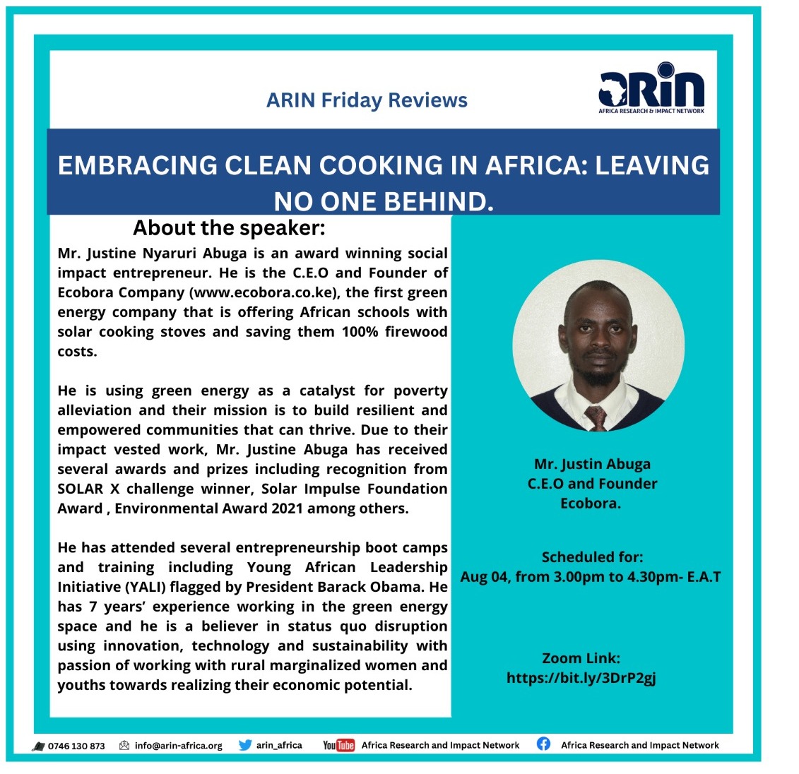 Counting hours to tomorrow's #ARINReview, sharing experiences on  @ecobora a company producing affordable #biomass #carbonized pellets used to cook in homes via #FuelEfficient cook stoves. Presented by the company's C.E.O @Justoabuga
from 3.00pmE.A.T. 
#ARINReviews  #PeerLearning