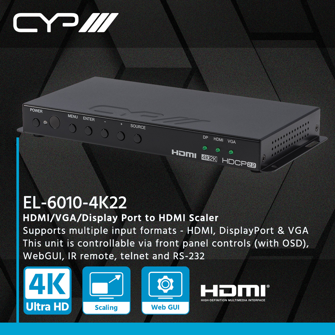 CYPEurope's tweet photo. Multi-format scaler is already!

The EL-6010-4K22 is a multi-format scaler with HDMI, VGA, and DisplayPort inputs scaling to the HDMI output. Ideal for boardroom or classroom applications.

More information:
https://t.co/Wz02ZDohU7

#ProAV #avtweeps #HDMI #4KHDR #WebGUI #RS232 https://t.co/WazHmFIa4N