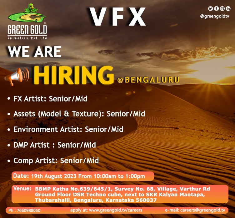 greengoldtv's tweet image. We are hiring for VFX! Are you passionate about making a difference? Join us at our Walk-in Drive on 19th August in Bengaluru! We're looking for individuals who share our vision of building the future. Don’t miss it.
Work Location: Hyderabad 
#WalkinDrive #vfxjobs #vfx #Careers