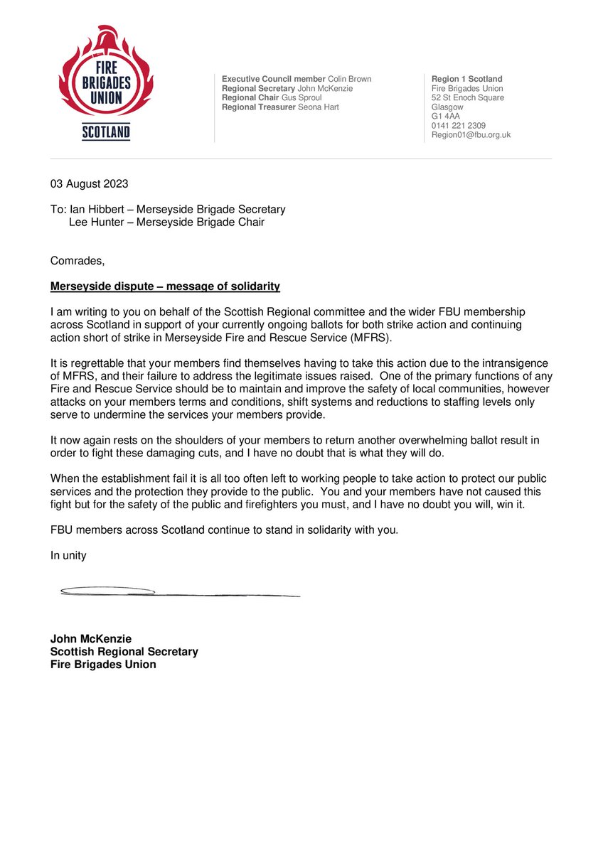 Solidarity from @FBUScotland for @fbumerseyside members taking action against attacks on terms and conditions of service✊ @fbunational @MattWrack @RiccardoLaT0rre @BenSelby_ @MetroMayorSteve @liamrobinson24 @PaulaBarkerMP @IanByrneMP @MickWhitleyMP @KimJohnsonMP #EnoughIsEnough