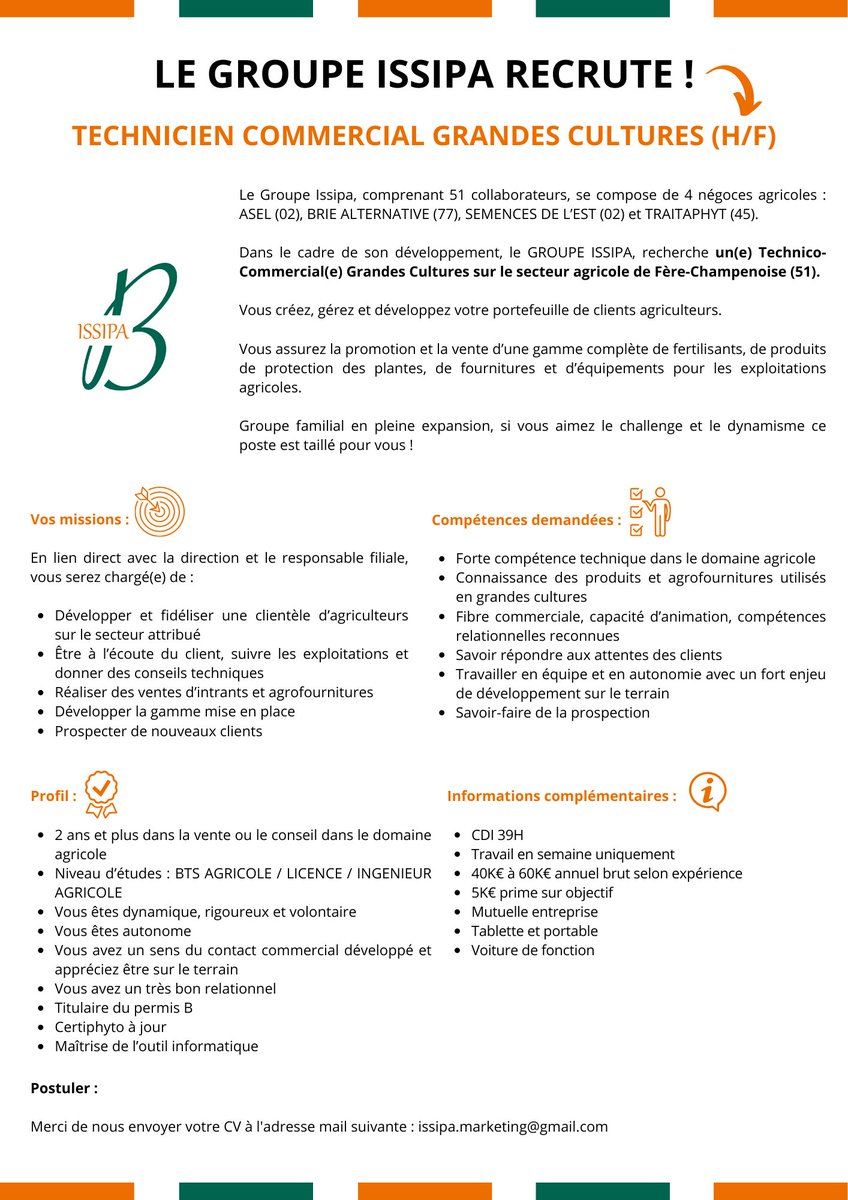On recrute ! 💥

1️⃣ Technicien(ne) commercial(e) grandes cultures sur le secteur de Fère-Champenoise (51)

‼️ Il nous reste 1 offre à pourvoir en tant qu’apprenti(e) assistant(e) commercial(e) pour BRIE ALTERNATIVE ! ‼️

À vos CVs ! ✍️

#emploi #technicocommercial #marne