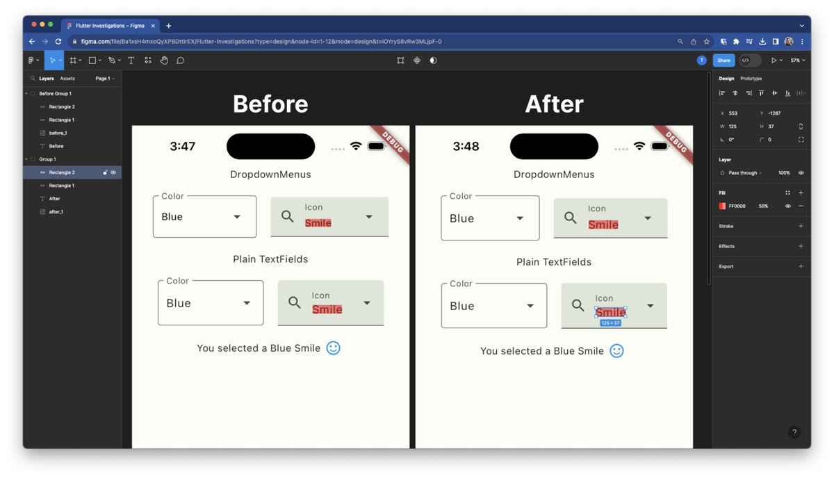 TahaTesser's tweet photo. I haven't share this before but I often use @figma to pixel match text styles, compare widget positions, and shapes when contributing to @FlutterDev.
(Of course working on an issue filed by @rydmike!)
#flutterdev #pixelpeeping https://t.co/CeBjP0lb6x