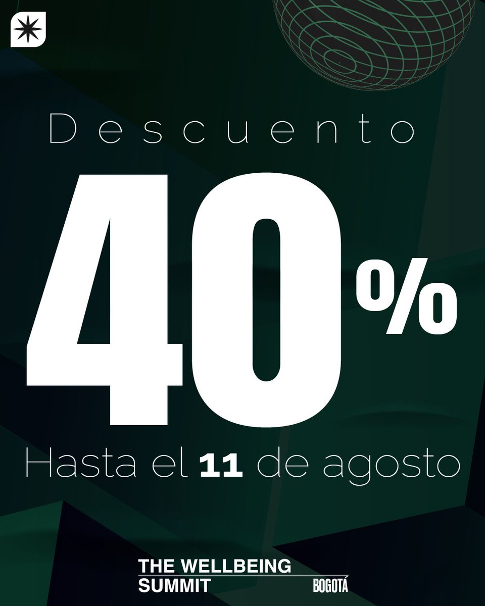 No queremos que nadie se quede por fuera.
Por esto, te invitamos a inscribirte antes del 11 de agosto para que puedas usar este increíble descuento del 40%  y  ser parte de este encuentro histórico donde el bienestar es nuestro llamado.
#Twsbogota