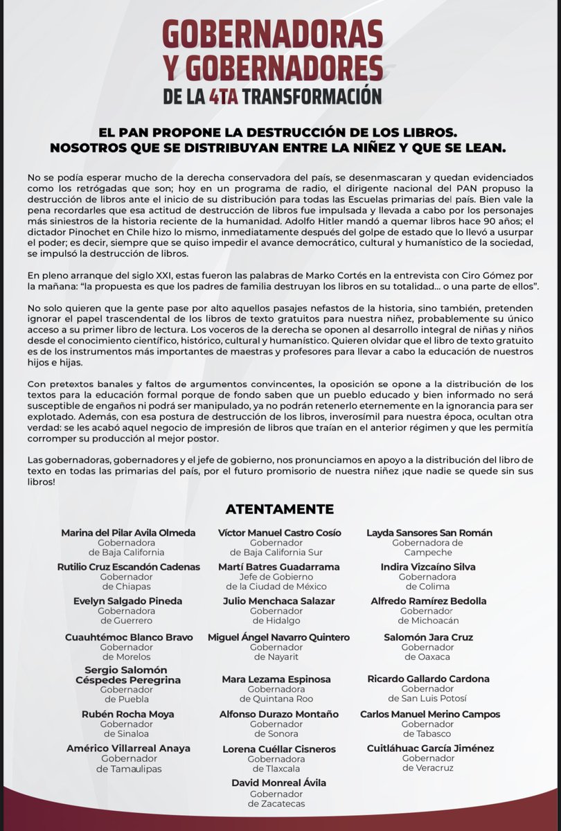 LaydaSansores's tweet photo. No se puede esperar mucho de la derecha conservadora del país, se desenmascaran y quedan como los retrógadas que son; proponen la destrucción de libros porque saben que un pueblo informado no podrá ser manipulado.

Los gobernadores y el jefe de gobierno nos pronunciamos en apoyo a la distribución del libro de texto en todas las primarias del país.