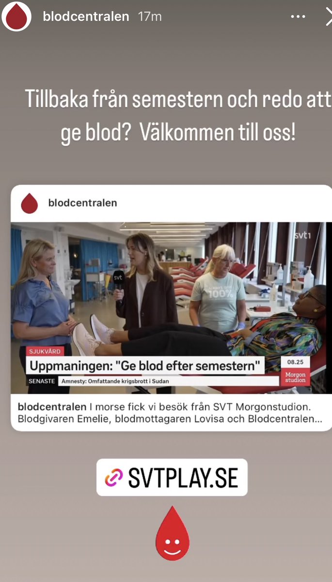 Så bra inslag av <a href="/svt/">SVT</a> morgon! Besökte Blodcentralen Odenplan där Emelie gav blod och Lovisa berätta att hon har behövt 17 liter blod vid en förlossning. Bli blodgivare du med, fler Blodgivare behövs 🩸🩸🩸