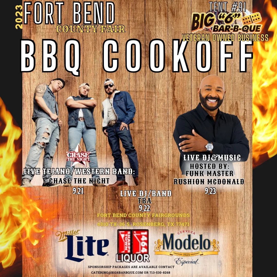 Sponsorship packages, reserved tables, and wristbands are available for @fbcfair BBQ Cookoff Sept. 21 - 23 @MillerLite @ModeloUSA @RushionMcDonald @chasethenighttx #bestbarbecueinhouston #big6bbq #cookoff #fortbendcountyfair #bbq #millertime #modelo