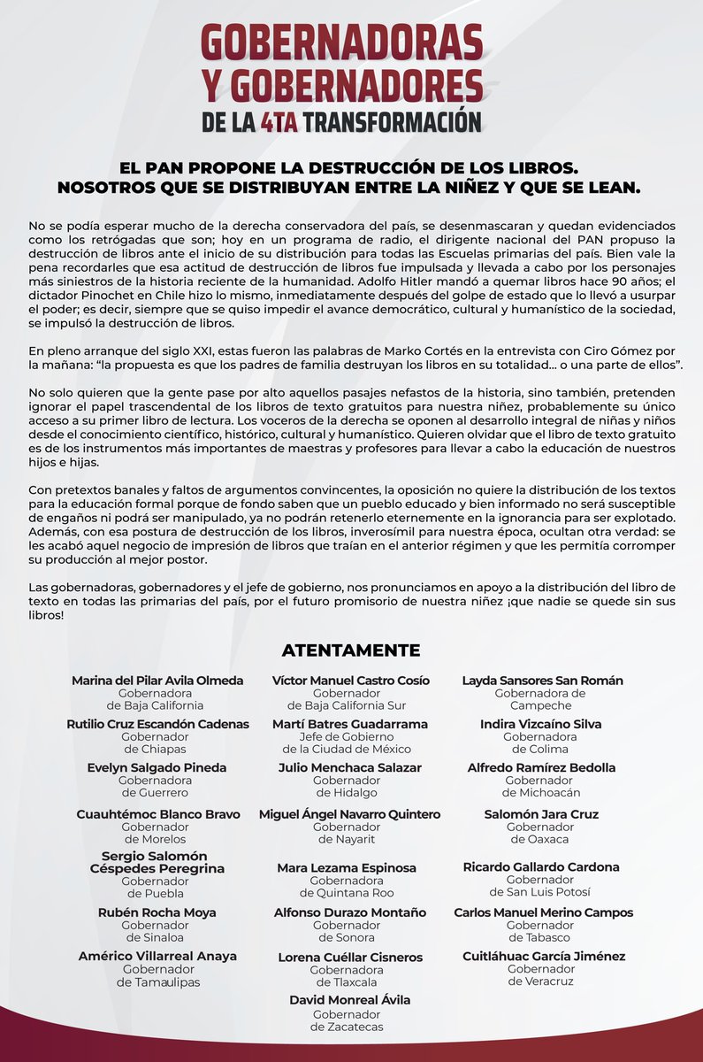salomonj's tweet photo. Nos sumamos al llamado de las gobernadoras, gobernadores y el Jefe de Gobierno de la #CDMX en apoyo a la distribución de libros de texto en las primarias de todo el país.

Este es uno de los instrumentos más importantes para la educación de nuestros hijos e hijas, no vamos a permitir que la oposición niegue este derecho humano a las infancias. ¡Que nadie se quede sin sus libros!